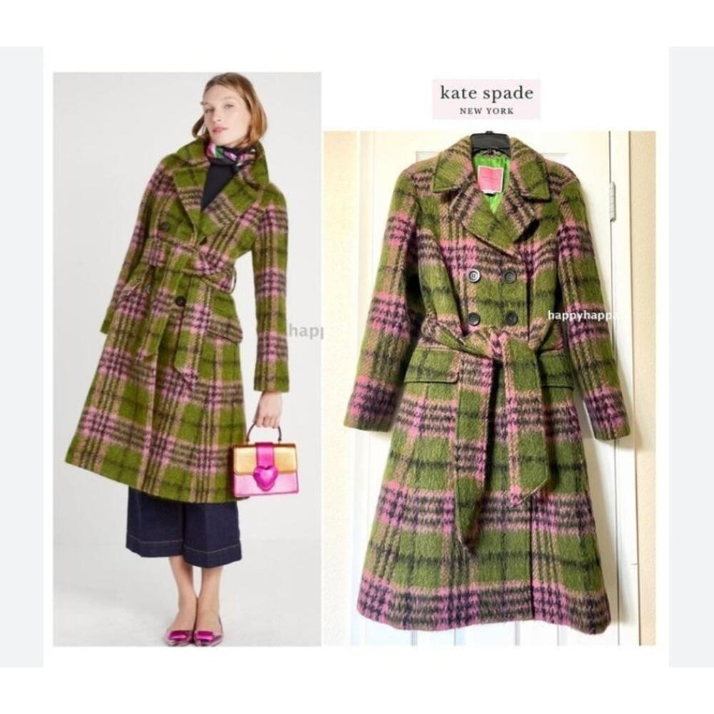 Kate Spade Plaid Tie Waist Green Pink Wool Coat XXL